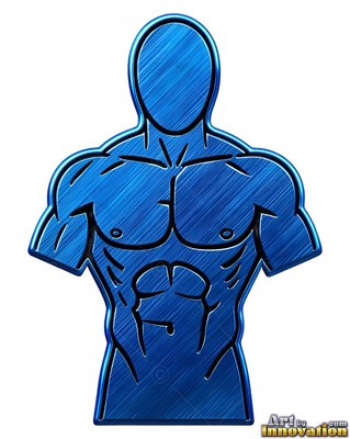A brushed metal man stands upright, carved in brushed royal blue with dark lines
