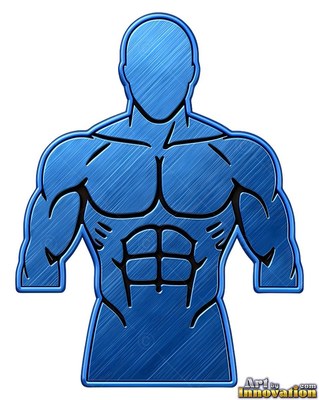 Facing forward against clear space, a muscular blue brushed metal man's upper body sculpture