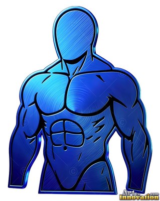 A faceless muscular man in shiny blue brushed metal with black lines