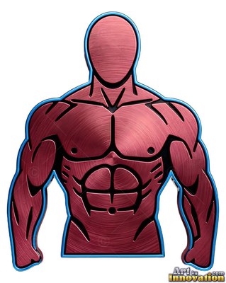 On a plain solid white field, a muscular man stands as a red brushed metal torso emblem