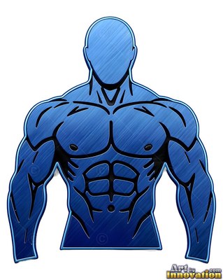 Seen from the front, a muscular blue man cast in metal stands with carved black muscle lines