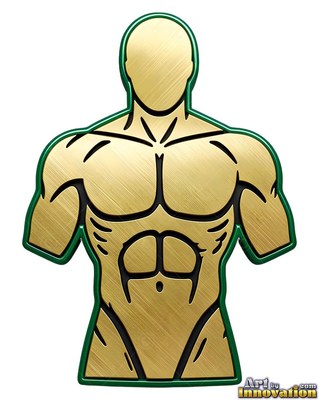 Muscular gold man torso emblem with a green border