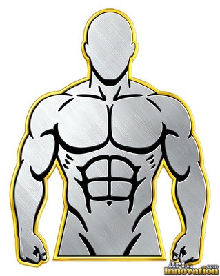 Engraved black muscle lines shape a silver brushed metal man with a yellow border on white