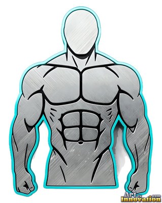 A muscular brushed metal man stands facing forward, outlined with bright cyan trim