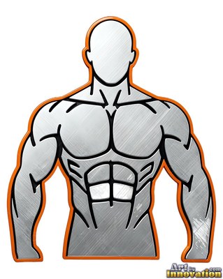 Seen from the front against a white backdrop, a silver man cast in metal bust has an orange outline