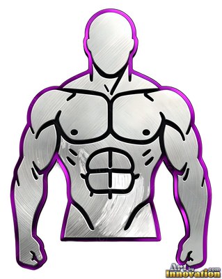 A silver bust sculpted from metal of a broad-shouldered man outlined in bright purple