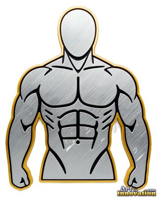 On a plain white background, a muscular silver man cast in metal stands outlined in gold trim