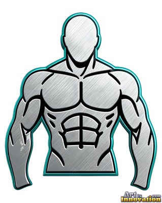 Standing straight, a muscular silver man bust outlined with thick black and teal edges