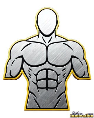 Muscular brushed silver torso on a faceless man outlined in gold over white
