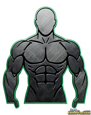 Muscular steel bust of a faceless man flexes forward, outlined by bright green metal trim