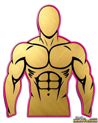 Turned toward the viewer on a plain white space, a muscular gold man cast in metal with pink trim