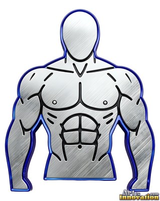 A silver brushed metal man with defined muscles bust with a bright blue border around it