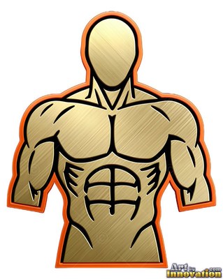 Against a white space, a faceless muscular gold metallic man stands tall