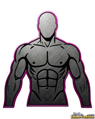 Front-facing, a muscular brushed metal sculpted torso of a man is outlined in bright purple