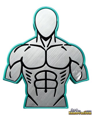 Brushed silver muscle lines define a faceless man bust outlined in cyan on white