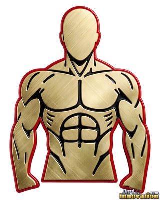 A toned man stands facing forward in brushed gold metal with a smooth red border