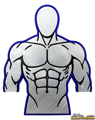 Looking straight ahead on a white background, a silver man cast in metal bust with a blue outline