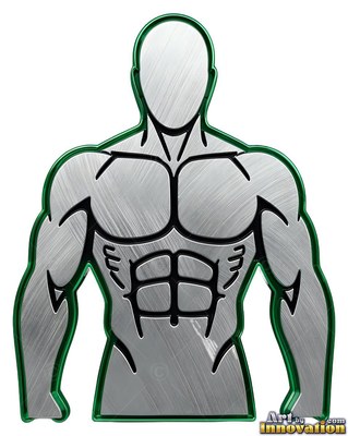 A silver metal muscular man outlined in bold green trim