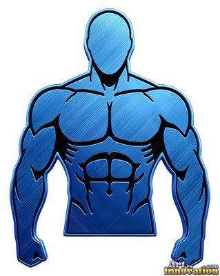 On a white background, a muscular man stands cut off at the waist in brushed blue metal