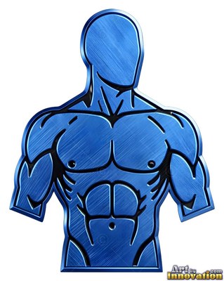 Seen from the front, a strong-built man shaped from blue brushed metal with black lines