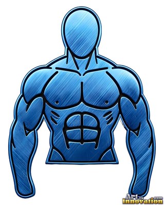 A muscular blue metal sculpted torso of a man with black lines