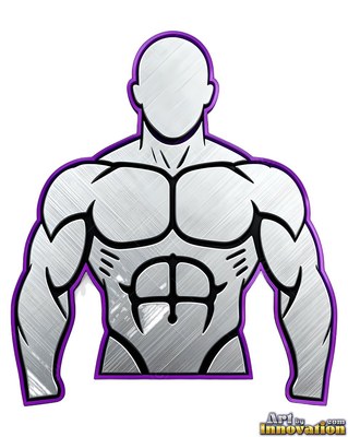 Purple border outlines a brushed silver bust sculpted from metal of a muscular man on white