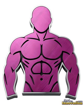 A strong-built man stands facing forward as a magenta metallic bust outlined in silver