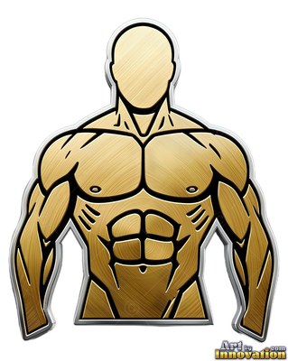 Facing forward on a plain white space, a muscular man shaped from gold metal