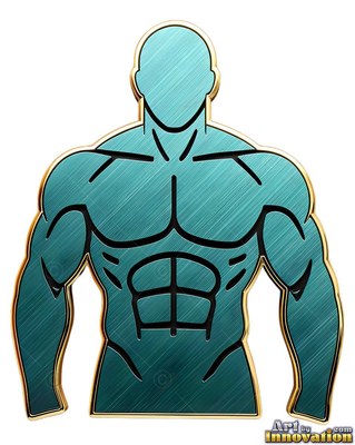 A teal metal emblem shaped like a broad-shouldered man with gold trim