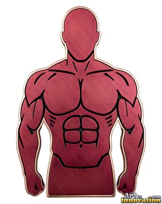 On a white backdrop, a faceless man with defined muscles stands carved from red brushed metal