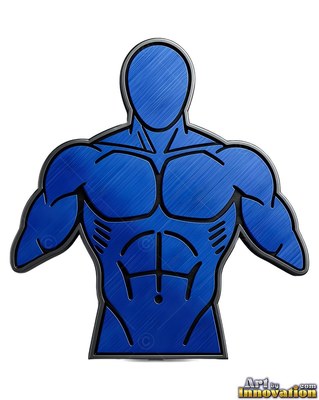 Front-facing, a muscular man's bust is carved from brushed blue metallic material with black lines