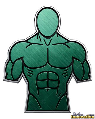 A green metal broad-shouldered man bust with black outlines