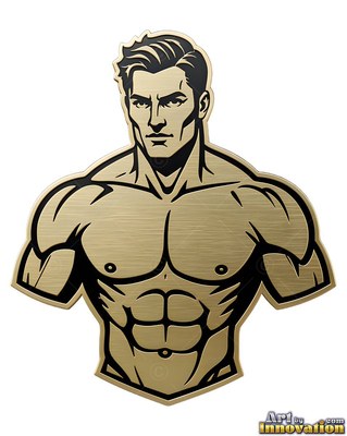 Brushed gold chest muscles define a shirtless muscular man against a white backdrop