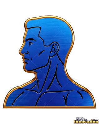 A blue metallic man faces left inside a gold border with smooth highlights