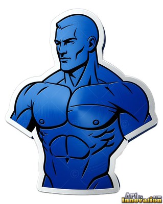 Turned slightly left on white, a metal finished in blue bust of a muscular man