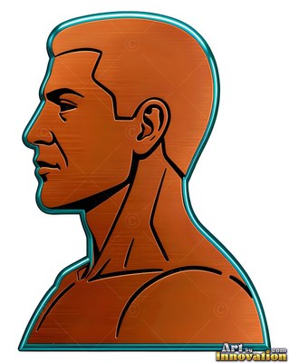 A copper metallic bust of a man in side profile with blue outline trim