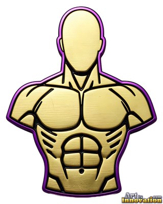 Against white space, a muscular gold metal male bust is outlined in purple