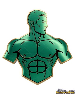 Looking to the side, a green bust sculpted from metal of a broad-shouldered man has gold edges