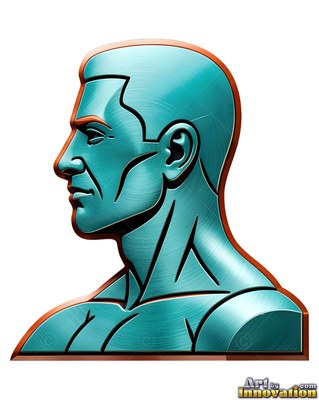 Teal metallic bust of a toned man in profile with an orange trim