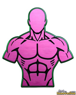 Engraved black chest lines on a pink brushed metal man's upper body sculpture against a plain solid white field