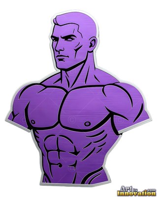 A strong-built man looks to the side, his bare torso cut from brushed purple metal