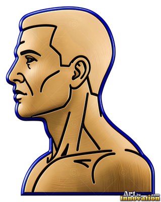 Profile of a gold metal man outlined in blue against white