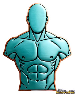A muscular man's bust made of teal brushed metal with copper edges