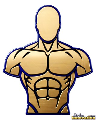 On a white setting, a faceless strong-built man in brushed gold metal bordered in blue