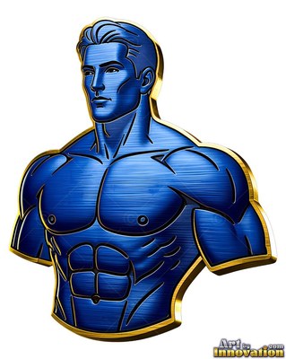 Facing to the side, a muscular blue man cast in metal bust is outlined in polished gold trim
