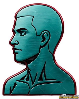 Teal bust carved in metal of a man in profile outlined in red