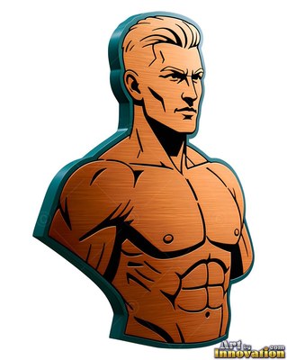Short blonde hair frames a copper metal bust of a strong-built man against plain white