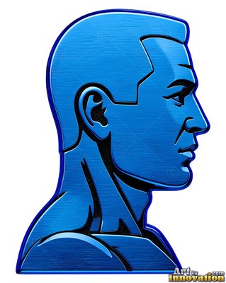 A metallic blue surface bust of a man faces right with pale reflections on his skin