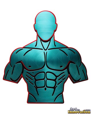 Facing forward, a muscular teal brushed metal man cut out on a plain background