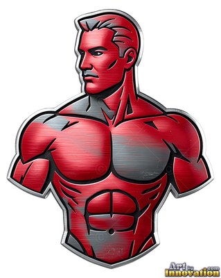 A red metallic bust of a muscular man looking to the side with silver trim